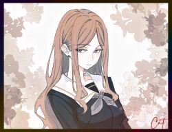  1girl bang_dream! bang_dream!_it's_mygo!!!!! black_border blue_eyes blue_shirt border breasts brown_hair chinese_commentary closed_mouth commentary_request expressionless grey_neckerchief highres huaxue_maomi long_hair looking_at_viewer medium_breasts mole mole_under_eye nagasaki_soyo neckerchief sailor_collar school_uniform shirt sidelocks signature solo swept_bangs tsukinomori_school_uniform upper_body white_sailor_collar 