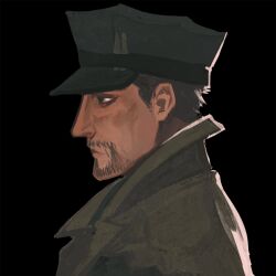  1boy black_background blue_hat brown_eyes closed_mouth coat facial_hair fallout fallout_4 from_side frown grey_coat grey_hair hat highres male_focus pepepegle portrait profile robert_maccready short_hair short_sideburns sideburns simple_background solo very_short_hair 