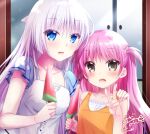  2girls :d blue_eyes blunt_ends blush chibinon collarbone commentary dress eyes_visible_through_hair fang food grey_eyes hair_between_eyes hand_up happy holding holding_food holding_ice_cream ice_cream katou_umi long_hair looking_at_viewer multiple_girls naruse_shiroha open_mouth orange_shirt popsicle purple_hair shirt short_sleeves side-by-side sidelighting sidelocks signature sleeveless sleeveless_shirt smile summer_pockets two_side_up upper_body v very_long_hair watermelon_bar white_dress white_hair 