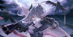  1girl absurdres arknights bird black_jacket commentary_request dual_wielding grey_hair gun handgun head_wings highres holding holding_sword holding_weapon irene_(arknights) jacket long_sleeves luai rapier solo sword upper_body violet_eyes weapon wings 