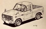  1girl character_request commentary_request copyright_request dated datsan driving expressionless hatching_(texture) highres jitome marker_(medium) medium_hair monochrome motor_vehicle pickup_truck solo traditional_media truck 