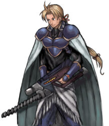  1boy armor bad_source blonde_hair blue_armor breastplate cape closed_mouth commentary_request curtained_hair drill edgar_roni_figaro final_fantasy final_fantasy_vi hair_ribbon holding holding_weapon long_hair lowres male_focus miseji_mai ponytail red_ribbon ribbon shoulder_armor simple_background smile solo vambraces weapon white_background white_cape 
