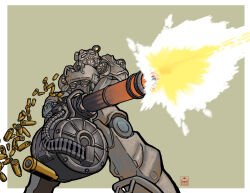  1other absurdres ambiguous_gender armor border commentary english_commentary fallout fallout_4 firing fritzyhoho gatling_gun glowing_hot grey_background gun highres holding holding_gun holding_weapon minigun muzzle_flash power_armor power_armor_(fallout) shell_casing solo weapon white_border 