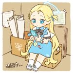  1girl apron blonde_hair blue_apron blue_archive blue_ribbon blush box cardboard_box cellphone chibi closed_mouth collared_shirt forehead full_body hair_ribbon halo holding holding_phone long_hair onyhakase phone ribbon shirt shoes short_sleeves sitting socks solo sora_(blue_archive) translation_request two_side_up very_long_hair white_footwear white_shirt white_socks 