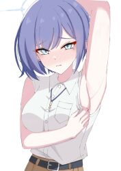  1girl aoi_(blue_archive) arm_up armpits belt blue_archive blue_hair breasts commentary_request elf green_eyes halo highres jewelry necklace pointy_ears short_hair shorts shy sideboob sleeveless solo woodhxx 