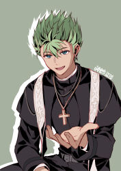  1boy 2026 absurdres artist_name blue_eyes cassock commentary cross cross_necklace dated eiyuu_densetsu fang green_background green_hair hair_between_eyes hair_slicked_back highres jewelry kai_no_kiseki kevin_graham kuro_no_kiseki_(series) latin_cross long_sleeves looking_at_viewer male_focus multicolored_hair necklace offering_hand open_mouth outline outstretched_arm priest simple_background smile solo spiky_hair stole two-tone_hair untranslatable_commentary upper_body white_outline willfin 