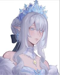  1girl artist_name bare_shoulders blue_eyes blue_gem blue_tiara braid braided_base brooch bun_with_braided_base collarbone colored_eyelashes crystal_earrings detached_collar dress earrings expressionless fur_trim gem genshin_impact grey_hair hair_bun hair_intakes half_up_braid highres jewelry kayveris long_eyelashes long_sidelocks looking_at_viewer pointy_ears portrait ringlets short_hair short_hair_with_long_locks sidelocks solo strapless strapless_dress swept_bangs tsaritsa_(genshin_impact) white_background white_dress white_eyelashes yellow_gem 