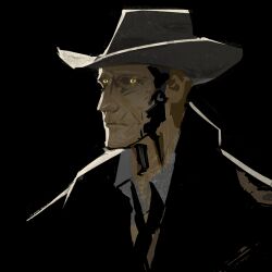  1boy black_background black_coat black_necktie black_sclera coat collared_shirt colored_sclera cowboy_hat cracked_skin fallout fallout_4 grey_hat hat highres humanoid_robot looking_to_the_side male_focus necktie nick_valentine open_collar pepepegle portrait robot shirt solo wing_collar yellow_eyes 