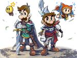  1other 3boys alternate_costume armor brothers brown_hair cape facial_hair floating full_body gloves green_tunic grey_pants highres holding holding_sword holding_weapon layered_sleeves long_sleeves looking_at_another luigi mari_luijiroh mario mario_&amp;_luigi:_dream_team mario_&amp;_luigi_rpg multiple_boys mustache over_shoulder pants pauldrons prince_dreambert short_hair short_over_long_sleeves short_sleeves shoulder_armor siblings simple_background sleeveless standing starlow super_mario_bros. sword weapon weapon_over_shoulder white_background white_gloves yellow_cape 