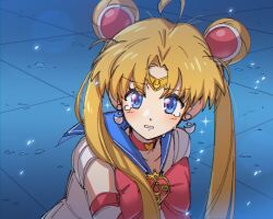 ahoge bishoujo_senshi_sailor_moon blonde_hair blue_eyes blue_sailor_collar blush bow bowtie choker circlet crescent crown_ornament earrings elbow_gloves gloves gold_circlet heart_ornament jewelry kalamari light_frown meme moon_(ornament) parted_bangs parted_lips pink_bow pink_bowtie pink_choker pink_ribbon ribbon sailor_collar sailor_moon sailor_moon_redraw_challenge_(meme) shirt striped_blush tearing_up tsukino_usagi twintails upper_body white_shirt 