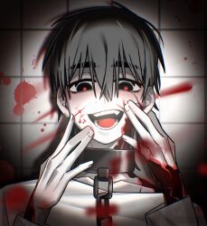  1boy alien_stage black_eyes blood chain chinese_commentary collar commentary_request fang folifoqitt hair_between_eyes hands_on_own_face highres ivan_(alien_stage) male_focus metal_collar open_mouth portrait red_pupils shirt short_hair solo teeth tile_wall tiles very_short_hair vignetting white_shirt zombie_stage 