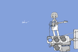  1girl absurdres arms_at_sides blue_background cable commentary electric_guitar greyscale_with_colored_background guitar highres instrument kaduise looking_at_viewer original oversized_clothes oversized_shirt shirt short_hair signature solo standing traffic_light 