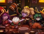  4girls absurdres beer_mug blush cake colored_skin cranihum cup drunk ears_through_headwear food gloves goggles goggles_on_head green_hair hat highres hood hood_up league_of_legends long_sleeves lulu_(league_of_legends) mug multiple_girls picture_frame pink_eyes plate pointy_ears poppy_(league_of_legends) purple_hair purple_skin restaurant short_hair shortstack tristana vex_(league_of_legends) witch_hat yordle 