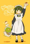  1girl alternate_costume apron bird blush_stickers braid duck enmaided food fuu_(ozu_(oz_yarimasu)) green_eyes green_hair guu_(ozu_(oz_yarimasu)) hair_ornament highres holding holding_food maid maid_apron maid_headdress no_mouth original ozu_(oz_yarimasu) pudding pudding_hair_ornament simple_background twin_braids yellow_background 