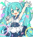  1girl :d arm_up armpits blue_archive blue_dress blue_eyes blue_halo blue_sailor_collar blush breasts commentary_request cowboy_shot crossover dress hair_ribbon halo hatsune_miku holding holding_microphone long_hair looking_at_viewer microphone multicolored_clothes multicolored_dress onyhakase open_mouth pleated_dress ribbon sailor_collar short_dress sleeveless sleeveless_dress small_breasts smile solo twintails very_long_hair vocaloid waving white_dress white_ribbon wristband 