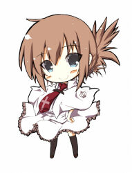  1girl black_thighhighs blue_eyes blush_stickers brown_hair c: capelet chibi chibi_only closed_mouth collared_shirt commentary_request cross cross_print floating_clothes folded_ponytail frilled_skirt frills full_body hair_between_eyes hand_on_own_hip looking_at_viewer medium_hair necktie print_necktie red_necktie shirt sidelocks simple_background skirt smile solo standing subarashiki_hibi tachibana_kimika teacat310 thigh-highs white_background white_capelet white_shirt white_skirt 