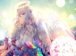  1girl bare_shoulders bow dress feathered_wings flower frilled_dress frills from_side hair_flower hair_ornament halo highres kazu_(muchuukai) long_hair looking_at_viewer original purple_bow solo very_long_hair white_dress white_wings wings 