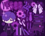  1boy black_coat black_necktie black_pants book brooch card closed_mouth coat crossed_arms gears gostcat hair_over_one_eye jewelry lab_coat library_of_ruina lobotomy_corporation looking_at_viewer male_focus necktie pants pen project_moon purple_hair purple_necktie purple_theme robot snake standing white_coat yesod_(project_moon) 