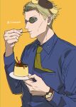  1boy animal_ears beret blonde_hair blue_shirt character_hat collared_shirt dog_ears eating food goggles hat holding holding_plate jujutsu_kaisen long_sleeves male_focus nanami_kento necktie necktie_in_pocket plate pompompurin pudding sano_maru sanrio shirt short_hair solo upper_body watch watch yellow_necktie 