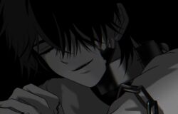  1boy absurdres alien_stage chain closed_eyes collar commentary highres iv_tl_o2o3 ivan_(alien_stage) light_smile male_focus metal_collar short_hair smile solo zombie_stage 