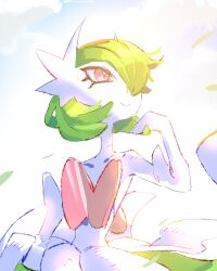  1girl bob_cut colored_skin dress elbow_gloves gardevoir gloves green_hair hair_over_one_eye looking_to_the_side lowres mega_gardevoir mega_pokemon pokemon pokemon_(creature) raine_(acke2445) smile white_dress white_gloves white_skin 