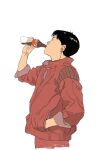  1boy akira black_hair bottle coca-cola drinking hand_in_jacket holding holding_bottle jacket kaneda_shoutarou_(akira) pants red_jacket red_pants simple_background soda solo standing tora0820 white_background 