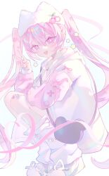  1girl absurdres bag bandaid beanie chain cherry_hair_ornament commentary_request food-themed_hair_ornament hair_ornament hat hatsune_miku highres long_hair looking_at_viewer loose_socks open_mouth pink_eyes pink_hair rokiryei sakura_miku shoes simple_background smile socks solo squatting twintails v very_long_hair vocaloid white_background white_hat white_shoes white_socks 