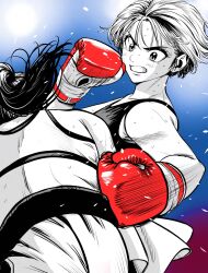  2girls boxing boxing_gloves commentary_request flying_sweatdrops gloves gradient_background hatching_(texture) highres lee_(dragon_garou) miniskirt motion_lines mouth_guard multiple_girls original partially_colored ponytail punching red_gloves serious short_hair skirt sports_bra sweat v-shaped_eyebrows very_sweaty 