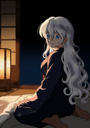  1girl akatsuki_yusura alternate_hair_length_(longer) barefoot blue_eyes commentary_request from_side futon grey_hair highres japanese_clothes kimono long_hair looking_at_viewer paid_reward_available reni_milchstrasse sakura_taisen seiza shouji sitting sliding_doors solo tatami 