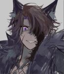  1boy animal_ears brown_hair coat e.g.o_(project_moon) heathcliff_(limbus_company) limbus_company lk0_71604 looking_at_viewer male_focus portrait project_moon purple_coat sharp_teeth simple_background sketch solo teeth violet_eyes white_background wolf_boy wolf_ears 