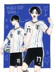  2026 2026_fifa_world_cup 2boys ball black_hair black_shorts blue_background blue_lock border clenched_hand hand_on_own_hip highres itoshi_rin japanese_national_soccer_team_uniform layered_sleeves long_sleeves looking_at_viewer male_focus multiple_boys nanase_nijirou nnn_kwww outside_border shirt short_hair short_over_long_sleeves short_sleeves shorts soccer_ball soccer_uniform sportswear trionda twitter_username white_border white_shirt world_cup 