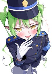  +++ 1girl absurdres armband blue_archive blue_armband blue_hat blue_jacket blue_shorts blush commentary_request demon_tail fang foreshortening from_above furrowed_brow gloves green_hair hair_between_eyes halo hat highres jacket long_hair long_sleeves looking_at_viewer nozomi_(blue_archive) open_mouth peaked_cap pointy_ears really_crab shadow shorts sidelocks simple_background solo standing tail twintails white_background white_gloves yellow_eyes 