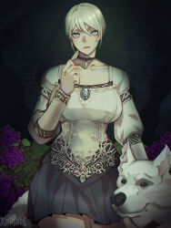  1girl absurdres animal blonde_hair blue_eyes capcom choker commentary demento dog english_commentary fiona_belli glass_shard hair_tie hewie highres solo white_dog xuuikie_ashe 