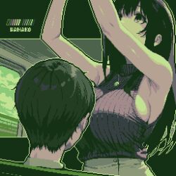  1boy 1girl armpits arms_up artist_name black_hair breasts brown_eyes commentary_request highres indoors jewelry large_breasts long_hair looking_up necklace original pixel_art sideboob sidelocks skirt sleeveless sleeveless_sweater specialhanako sweater sweater_tucked_in train_interior turtleneck turtleneck_sweater 