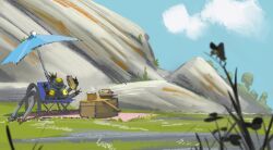  blue_sky bug chair clouds day deka_boomz food grass holding holding_food holding_sandwich magnet no_humans nymble one-eyed outdoors picnic_basket picnic_blanket pokemon pokemon_(creature) pokemon_focus sandwich sandy_shocks second-party_source sky umbrella 