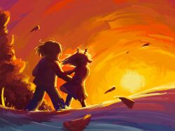  1other antlers canon_event deer_antlers deer_girl deltarune furry furry_female highres holding_hands horns kris_(deltarune) lake leaf long_hair noelle_holiday reindeer_girl shaded_face skirt sunset theboatlord tree utdr_(toby_fox) wading water weird_route_(deltarune) 