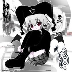1girl 2000s_(style) :/ adorable artist_name bat_wings black_thigh_boots black_wings blush censored closed_mouth cute earrings english_text faux_retro_artstyle female female_only gem girl grey_skirt jester_cap kawaii long_sleeves looking_at_viewer mayura moe mosaic_censoring omunako13 pearl_(gemstone) pearl_earrings pixel_art_inset plaid plaid_skirt red_eyes short_hair skirt skull sleeves_past_wrists solo text thigh_boots ukagaka upside-down_text white_hair wholesome wings yabujin yabujincore zoom_layer