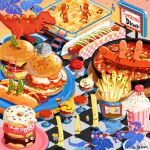  bacon branch bread burger checkered_floor cheese cherry dinosaur disco_ball doughnut food food_focus french_fries fruit frying_pan hot_dog issiki_toaki ketchup leaf lettuce mayonnaise meat milkshake musical_note mustard no_humans original stairs stool 