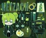  1boy black_pants character_name chibi closed_mouth coat enkephalin_(project_moon) floor_of_art&#039;s_glowing_creature flower folded_ponytail glass gostcat green_coat green_hair green_theme iv_stand library_of_ruina lobotomy_corporation looking_at_viewer male_focus netzach&#039;s_painting netzach_(project_moon) paint_tube paintbrush painting_(object) palette_(object) pants pill project_moon shirt sunflower white_shirt yellow_eyes 