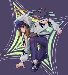  1girl :p blue_eyes blunt_bangs commentary elun_(elun_00) english_commentary gradient_hair grey_hoodie grey_shoes halo highres hololive hololive_english hood hood_up hoodie leggings looking_at_viewer mole mole_under_eye multicolored_hair ninomae_ina'nis on_one_knee orange_hair print_leggings purple_hair purple_leggings purple_shoes shoes sidelocks sneakers solo takodachi_(ninomae_ina'nis) tentacle_hair tongue tongue_out virtual_youtuber 