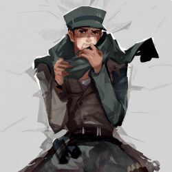  1boy arms_up belt black_belt brown_eyes brown_vest canister clothes_grab cowboy_shot facial_hair fallout fallout_4 from_above grey_hat grey_pants hat highres long_sleeves lying male_focus neckwear_grab on_back pants pepepegle raised_eyebrow robert_maccready scarf scarf_grab shell_casing solo uneven_eyes vest 