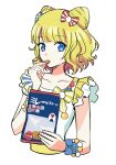  1girl bag bare_shoulders biscuit_(bread) blonde_hair blue_bow blue_eyes blunt_bangs bow closed_mouth commentary_request cone_hair_bun double_bun eating food hair_bow hair_bun hand_up highres holding holding_bag holding_food idol_clothes looking_at_viewer minami_mirei plastic_bag pretty_(series) pripara red_bow seihakumai short_hair simple_background solo translation_request upper_body white_background 