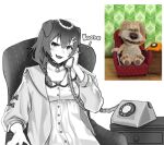 1girl aa2mee animal_connection animal_ears antique_phone black_collar black_eyes bone_hair_ornament braid cartoon_bone collar comedy dog_ears dog_girl double-parted_bangs dress english_commentary greyscale hair_between_eyes hair_ornament highres holding holding_phone hololive inugami_korone inugami_korone_(1st_costume) jacket looking_at_viewer low_twin_braids monochrome on_chair phone photo-referenced reference_photo simple_background sitting talking_on_phone twin_braids upper_body virtual_youtuber white_background white_dress white_jacket