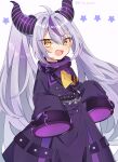  absurdres ahoge alternate_hairstyle ascot black_horns braid braided_bangs collar fangs grey_hair highres hololive horns la+_darknesss la+_darknesss_(1st_costume) long_hair metal_collar multicolored_hair naka o-ring pointy_ears purple_hair sleeves_past_fingers sleeves_past_wrists streaked_hair striped_horns twintails virtual_youtuber yellow_ascot 