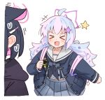  &gt;_&lt; +++ 2girls animal_ears bad_id bad_twitter_id black_hair black_jacket black_neckerchief blue_archive blush cat_ears colored_inner_hair grey_serafuku grey_skirt hair_ornament hairclip halo highres hood hood_down hooded_jacket jacket kazusa_(blue_archive) long_hair long_sleeves multicolored_hair multiple_girls neckerchief open_clothes open_jacket open_mouth pink_hair pink_halo pleated_skirt purple_hair purple_halo reisa_(blue_archive) sailor_collar school_uniform serafuku shiromoca short_hair simple_background skirt smile star_(symbol) star_hair_ornament white_background white_sailor_collar 