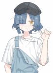  black_headwear blue_hair blue_overalls bocchi_the_rock! hair_ornament hairclip highres jewelry necklace overalls shirt short_hair simple_background sk_tsu96 t-shirt white_shirt yamada_ryo yellow_eyes 
