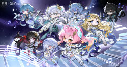  2boys 6+girls absurdres aemeath_(wuthering_waves) ahoge beamed_eighth_notes black_hair blonde_hair blue_hair brant_(wuthering_waves) cartethyia_(wuthering_waves) chibi chibi_only chinese_commentary chisa_(wuthering_waves) colored_inner_hair commentary_request dress hair_ornament halo highres jacket jinhsi_(wuthering_waves) logo long_hair looking_at_viewer mornye_(wuthering_waves) multicolored_hair multiple_boys multiple_girls musical_note official_alternate_costume official_art orange_eyes pink_eyes pink_hair pointy_ears ponytail qi_yuan red_eyes red_hair shorekeeper_(wuthering_waves) sidelocks white_dress white_eyes white_hair white_jacket wuthering_waves 