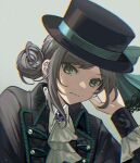  1girl ascot black_headwear black_jacket blue_bow boater_hat bow chromatic_aberration closed_mouth collared_shirt dress_shirt gem grey_background grey_eyes grey_hair hair_bun hand_on_own_head hand_up hat hat_bow jacket looking_to_the_side melo_(meronpoyo) purple_gemstone reverse:1999 shirt short_hair simple_background single_side_bun solo upper_body vertin_(reverse:1999) white_ascot white_shirt 