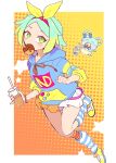  1girl blue_bow blue_hoodie blush border bow bracelet chuppe closed_eyes commentary cup disposable_cup doughnut eating food full_body green_eyes green_hair hair_bow hairband highres holding holding_cup hood hoodie idol_time_pripara jewelry leg_warmers looking_at_viewer mouse mouth_hold multicolored_hair nijiiro_nino nojima_minami pink_hairband pleated_skirt pretty_(series) pripara running shoes short_hair skirt sneakers socks star_(symbol) striped striped_socks symbol-only_commentary two-tone_hair white_border yellow_bow yellow_footwear 