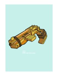  absurdres blue_background border fallout fallout_4 fritzyhoho gun handgun highres no_humans weapon weapon_focus white_border 